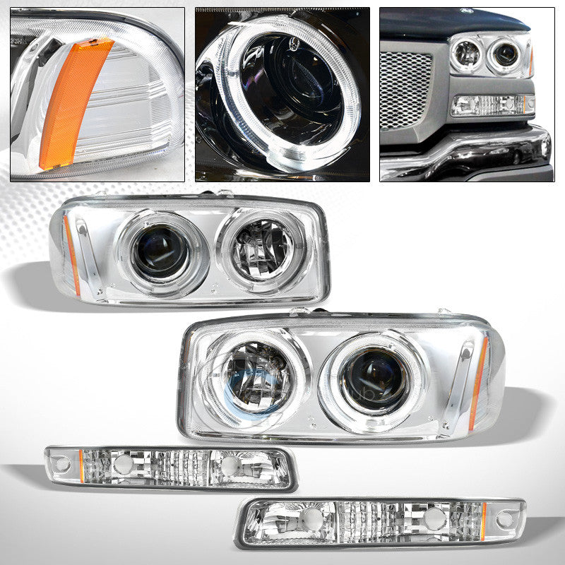 CHROME HALO PROJECTOR HEAD LIGHTS+BUMPER SIGNAL AMBER DY 99-07 GMC SIERRA/YUKON