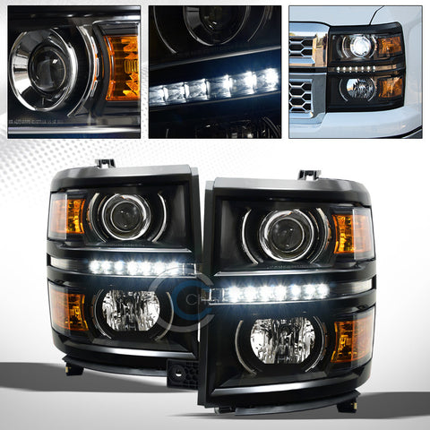 BLACK CRYSTAL DRL LED PROJECTOR HEAD LIGHTS AMBER DY 14-15 CHEVY SILVERADO 1500