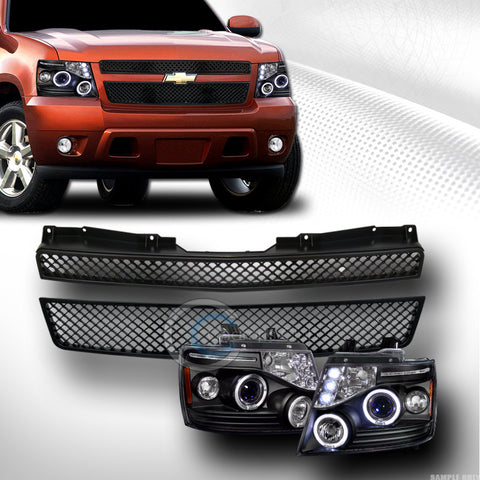 BLK HALO LED PROJECTOR HEAD LIGHT+2P GRILL GRILLE 2007+ AVALANCHE/SUBURBAN/TAHOE