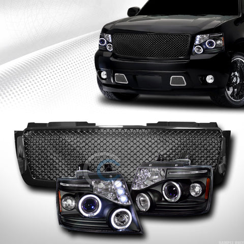 BLK HALO LED PROJECTOR HEAD LIGHTS W/GRILL GRILLE 2007+ AVALANCHE/SUBURBAN/TAHOE