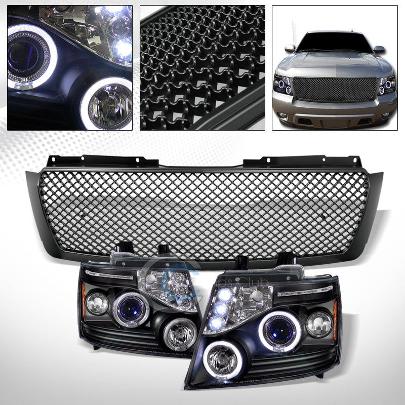 BLK HALO LED PROJECTOR HEAD LIGHTS w/MATTE GRILL GRILLE 2007+ AVALANCHE/SUBURBAN