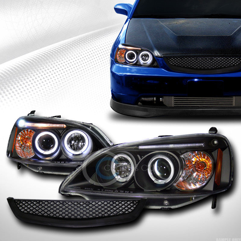 BLK HALO LED PROJECTOR HEAD LIGHTS+FRONT MESH HOOD GRILL GRILLE 2001-2003 CIVIC