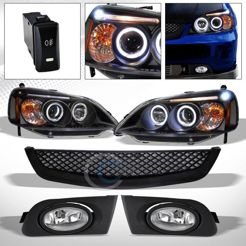 BLK LED HALO PROJECTOR HEAD LIGHTS SIGNAL AMBER+GRILLE+BUMPER FOG PT 2001+ CIVIC