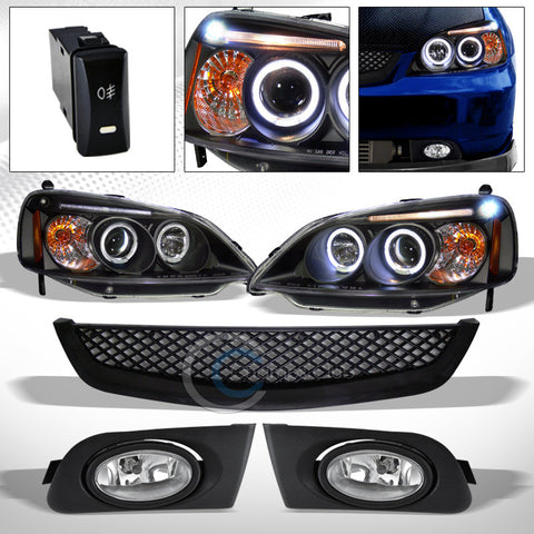 BLK LED HALO PROJECTOR HEAD LIGHTS SIGNAL AMBER+GRILLE+BUMPER FOG PT 2001+ CIVIC