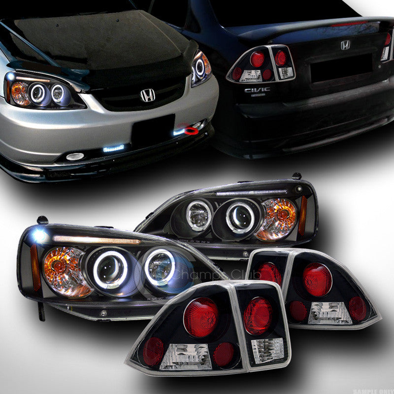 BLK LED HALO PROJECTOR HEAD LIGHTS SIGNAL+ALTEZZA TAIL LAMPS 2001-2003 CIVIC 4DR