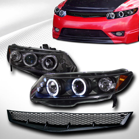 BLK HALO LED PROJECTOR HEAD LIGHTS+MESH HOOD GRILL GRILLE 2006-2008 CIVIC 2D/2DR