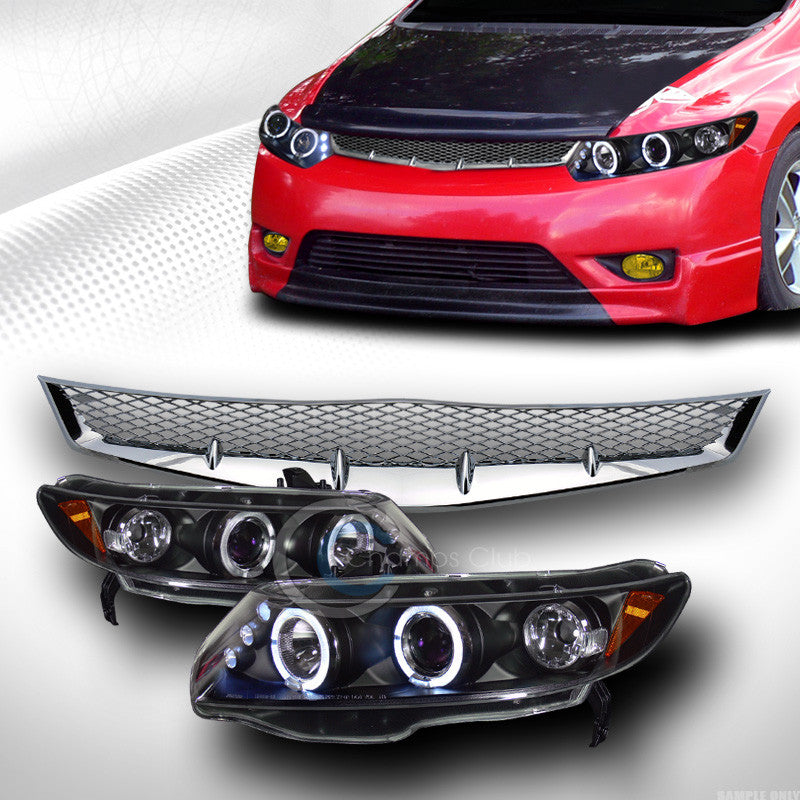 BLK HALO LED PROJECTOR HEAD LIGHT AMBER JY+MESH GRILL GRILLE 2006-2008 CIVIC 2DR