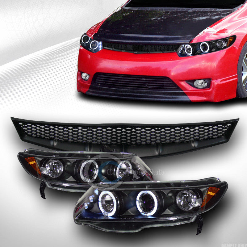 BLK HALO LED PROJECTOR HEAD LIGHTS W/MESH GRILL GRILLE V2 2006-2008 CIVIC 2D/2DR