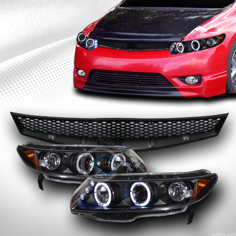 BLK HALO LED PROJECTOR HEAD LIGHTS W/MESH GRILL GRILLE V2 2006-2008 CIVIC 2D/2DR
