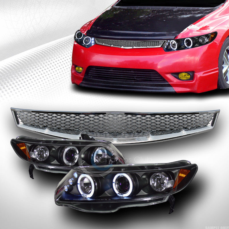 BLK HALO LED PROJECTOR HEAD LIGHTS JY+MESH GRILL GRILLE V2 2006-2008 CIVIC COUPE