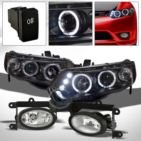 BLK LED HALO PROJECTOR HEAD LIGHTS SIGNAL AM JY+FOG LAMPS PT 2006-2008 CIVIC 2DR