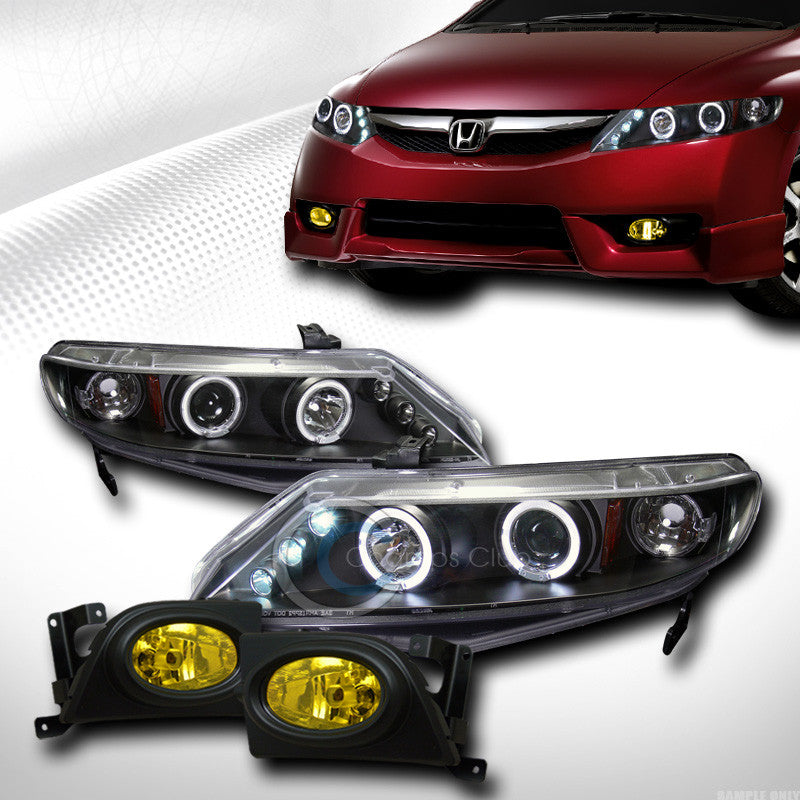BLK HALO LED PROJECTOR HEADLIGHT AM JY+BUMPER FOG LAMP YELLOW 2006-2008 CIVIC 4D