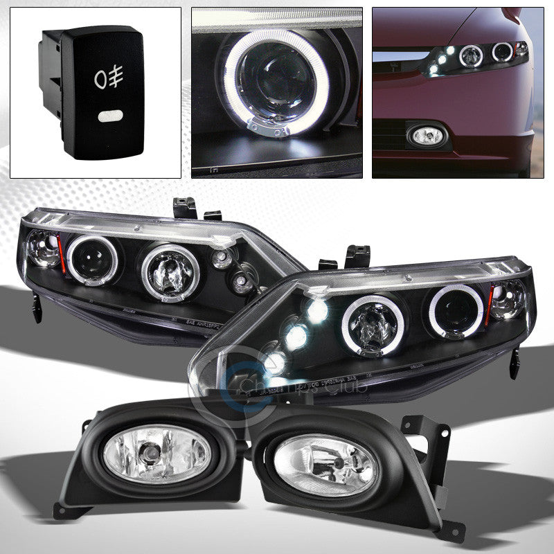 BLK LED HALO PROJECTOR HEAD LIGHTS SIGNAL AM JY+FOG LAMPS PT 2006-2008 CIVIC 4DR