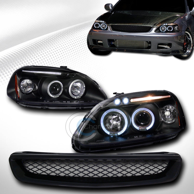 BLK HALO LED PROJECTOR HEAD LIGHTS+FRONT MESH HOOD GRILL GRILLE 1996-1998 CIVIC