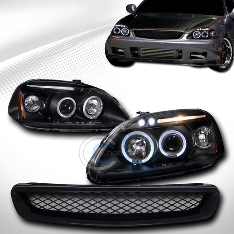 BLK HALO LED PROJECTOR HEAD LIGHTS+FRONT MESH HOOD GRILL GRILLE 1996-1998 CIVIC