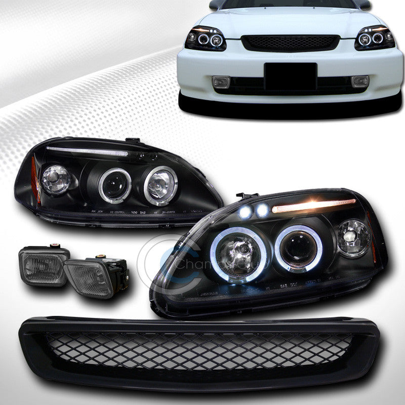 BLK HALO LED PROJECTOR HEAD LIGHTS+FOG SM+MESH GRILL GRILLE ABS 1966-1998 CIVIC