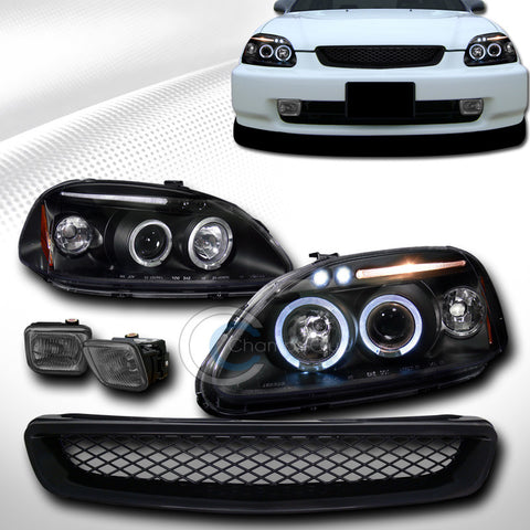 BLK HALO LED PROJECTOR HEAD LIGHTS+FOG SM+MESH GRILL GRILLE ABS 1966-1998 CIVIC