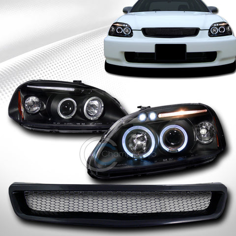 BLACK HALO LED PROJECTOR HEAD LIGHTS+FRONT ALUMINUM GRILL GRILLE 1996-1998 CIVIC