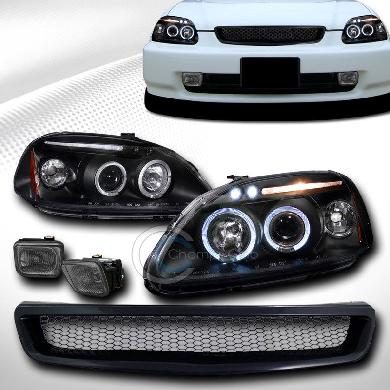 BLK HALO LED PROJECTOR HEAD LIGHTS+FOG SM+ALUMINUM GRILL GRILLE 1966-1998 CIVIC
