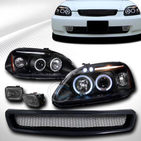 BLK HALO LED PROJECTOR HEAD LIGHTS+FOG SM+ALUMINUM GRILL GRILLE 1966-1998 CIVIC