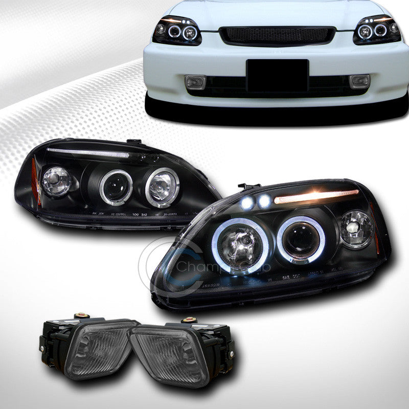 BLK HALO LED PROJECTOR HEAD LIGHTS SIGNAL+FRONT BUMPER FOG SMOKE 1996-1998 CIVIC