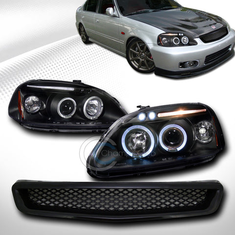 BLK HALO DRL LED PROJECTOR HEAD LIGHTS SIGNAL+T-R MESH GRILL GRILLE 99-00 CIVIC