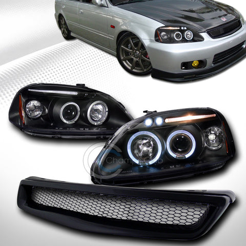 BLK HALO DRL LED PROJECTOR HEAD LIGHTS SIGNAL+R MESH GRILL GRILLE AM 99-00 CIVIC
