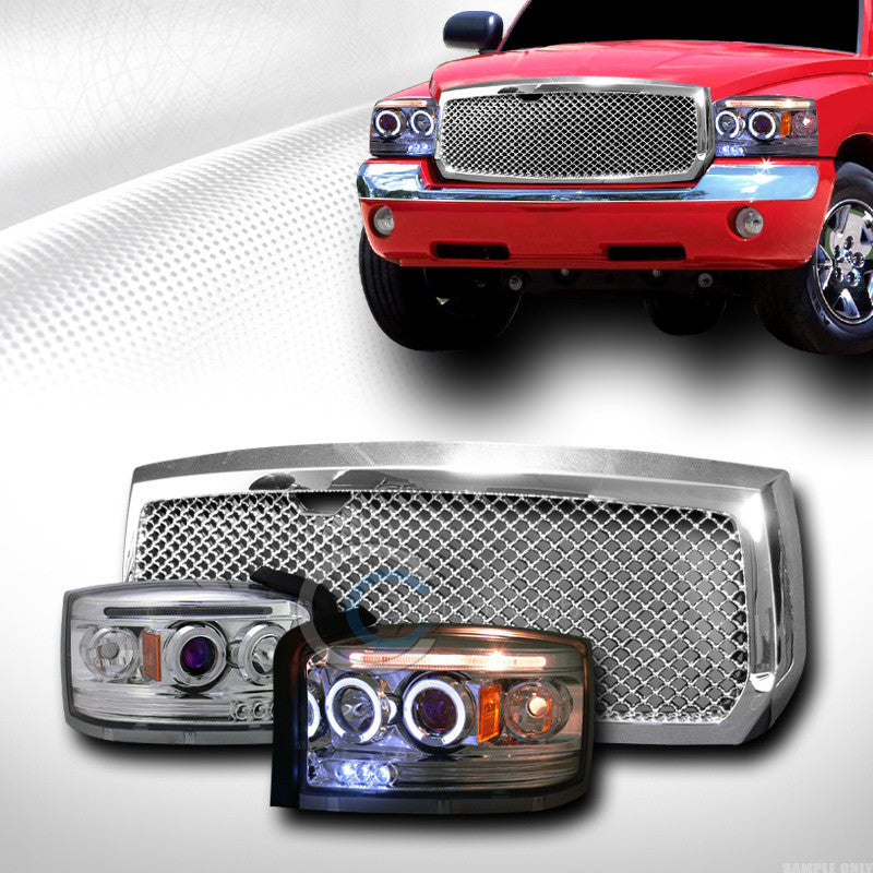 CHROME HALO LED PROJECTOR HEAD LIGHTS+FRONT MESH GRILL GRILLE 2005-2007 DAKOTA