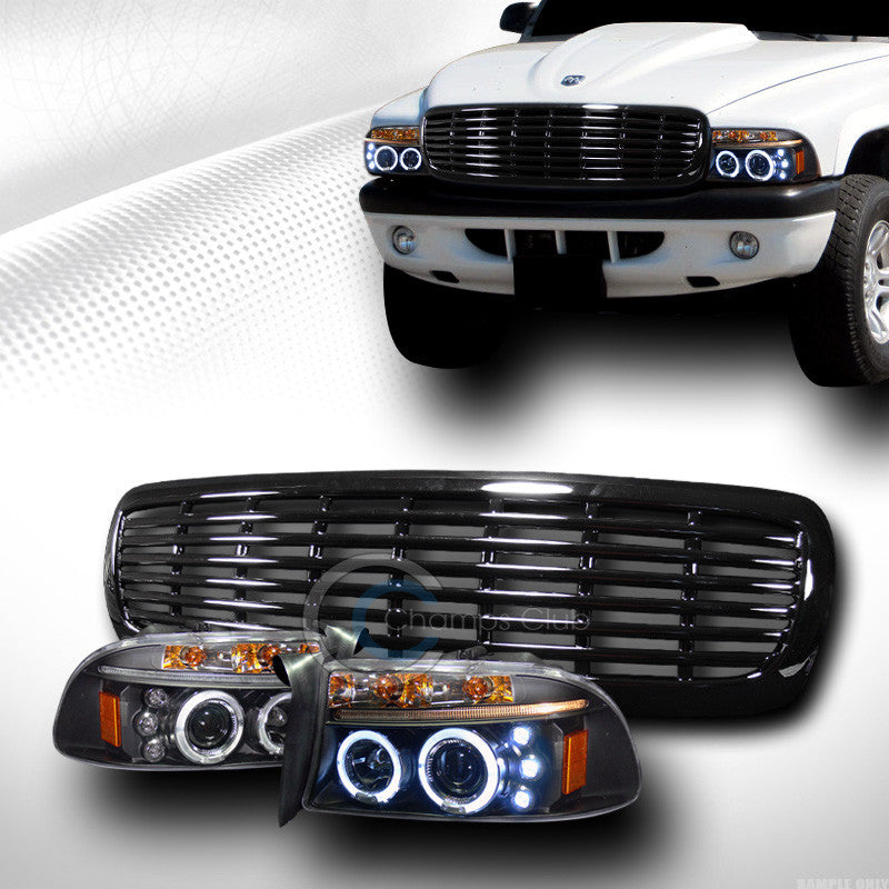 BLACK HALO LED PROJECTOR HEAD LIGHTS+FRONT GRILL GRILLE 1997-2004 DAKOTA/DURANGO