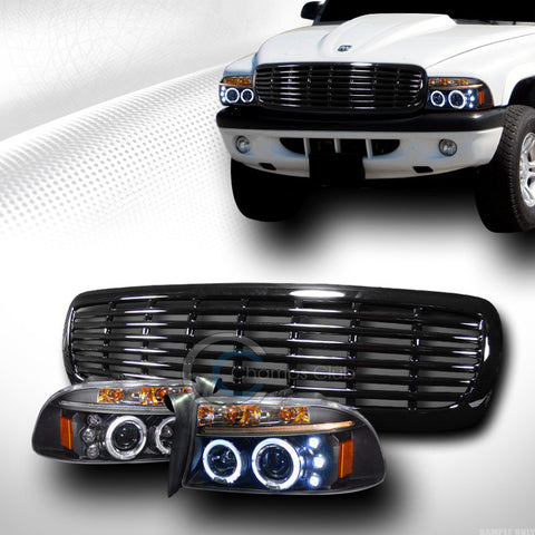 BLACK HALO LED PROJECTOR HEAD LIGHTS+FRONT GRILL GRILLE 1997-2004 DAKOTA/DURANGO