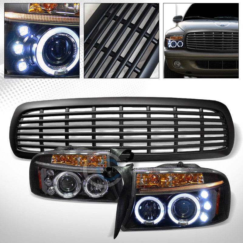 BLK HALO LED PROJECTOR HEAD LIGHTS w/MATTE GRILL GRILLE 1997-2004 DAKOTA/DURANGO