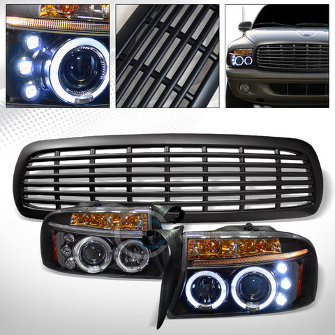 BLK HALO LED PROJECTOR HEAD LIGHTS w/MATTE GRILL GRILLE 1997-2004 DAKOTA/DURANGO