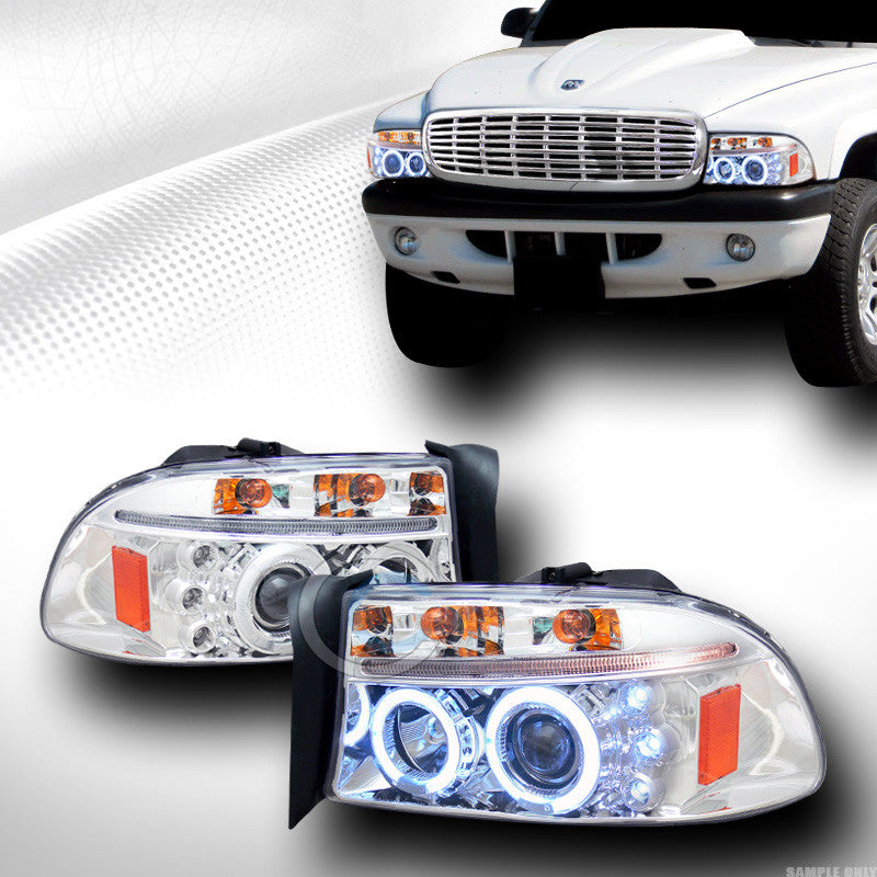 CHROME DRL LED 2*HALO RIMS PROJECTOR HEAD LIGHTS SIGNAL 1997-2004 DAKOTA/DURANGO