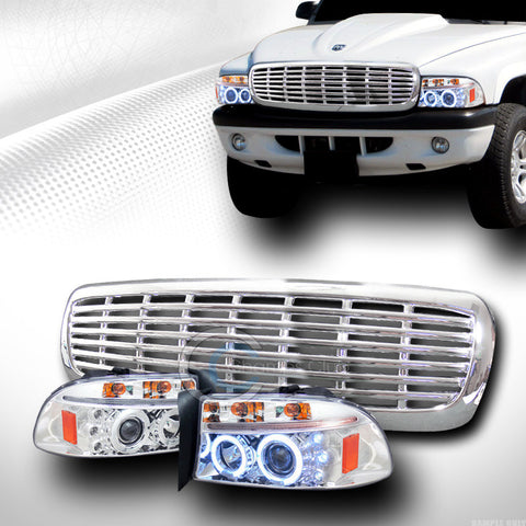 EURO CHROME HALO LED PROJECTOR HEAD LIGHTS+GRILL GRILLE 1997-2004 DAKOTA DURANGO