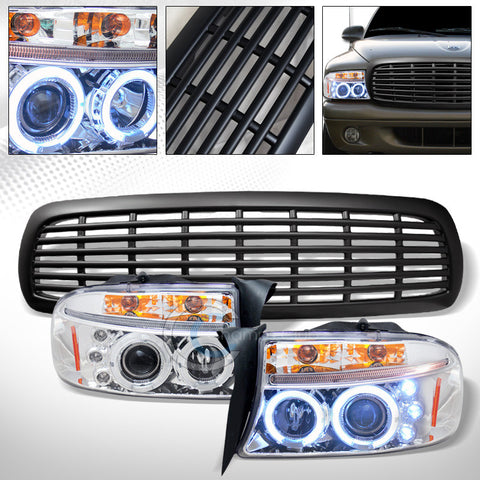 CHROME HALO LED PROJECTOR HEAD LIGHTS w/MATTE BUMPER GRILL 1997+ DAKOTA/DURANGO
