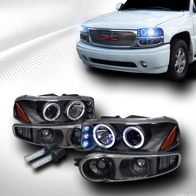 10000K HID XENON BLACK HALO LED PROJECTOR HEAD LIGHTS+BUMPER 2002+ SIERRA DENALI