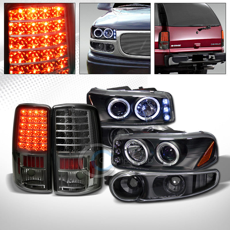 BLACK PROJECTOR HEAD LIGHTS AM+BUMPER+SMOKE LED TAIL LAMPS AW 2001+ YUKON DENALI