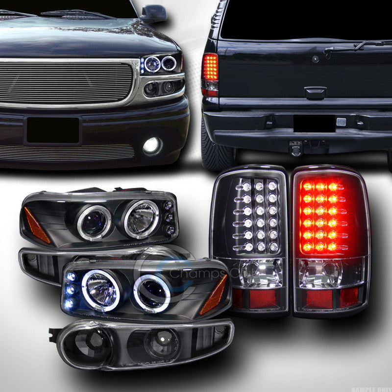 BLK HALO PROJECTOR HEAD LIGHTS AM+BUMPER+LED TAIL LAMP JY 2001-2006 YUKON DENALI