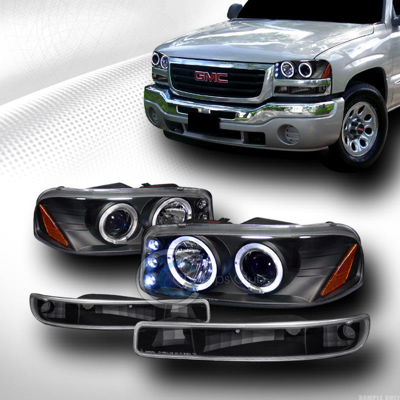 BLK HALO LED PROJECTOR HEAD LIGHTS+BUMPER SIGNAL LAMPS JY 1999-2006 SIERRA YUKON