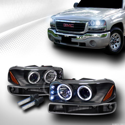 8000K HID XENON BLK HALO LED PROJECTOR HEAD LIGHTS+BUMPER 1999-2006 SIERRA YUKON