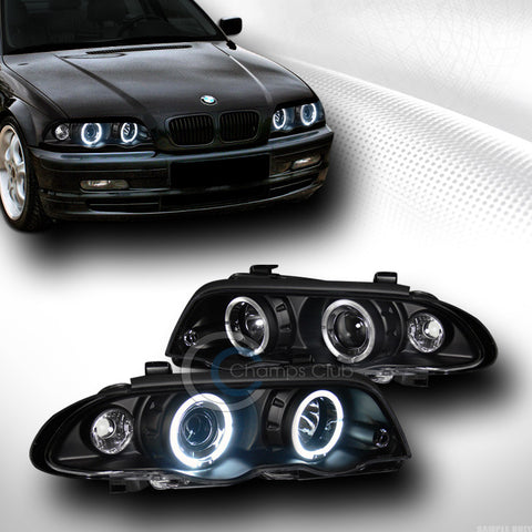 BLK DUAL HALO RIMS PROJECTOR HEAD LIGHTS LAMP CORNER SIGNAL 99-01 BMW E46 4D/4DR