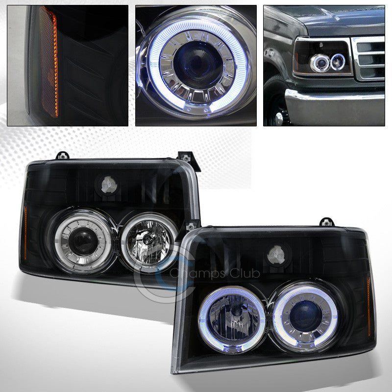 BLK DUAL HALO PROJECTOR HEAD LIGHTS BUMPER SIGNAL 1PC 1992-1996 FORD F150/BRONCO