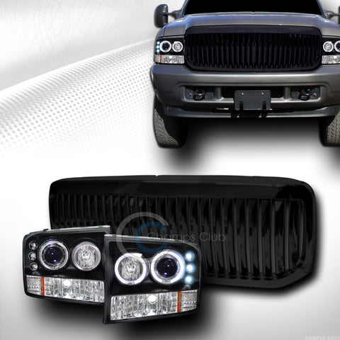 BLK HALO LED PROJECTOR HEAD LIGHT+VERTICAL GRILL GRILLE 1999-2004 F250/EXCURSION