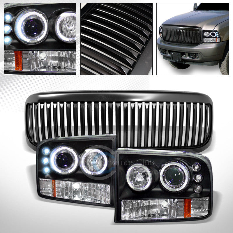 BLK HALO LED PROJECTOR HEAD LIGHTS AM+MATTE VERTICAL GRILLE 1999-2004 F250/F350