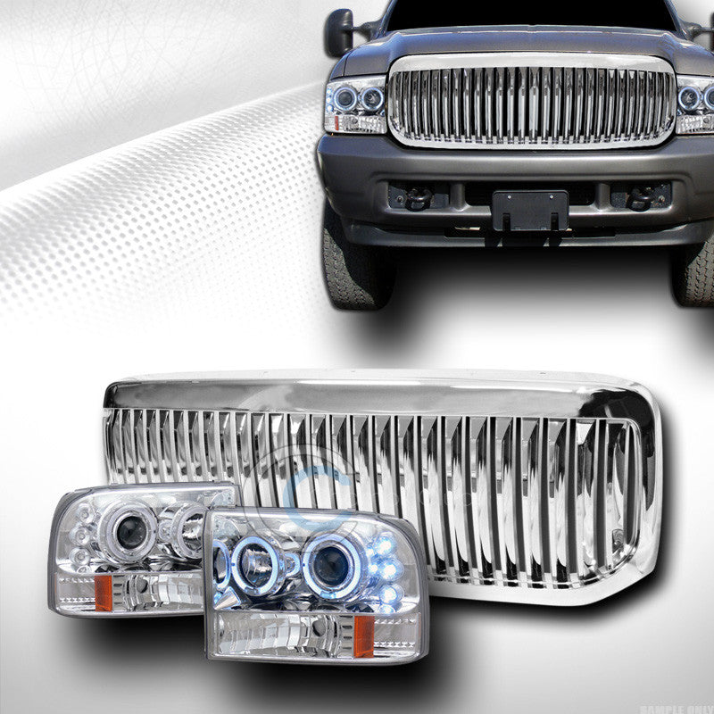 CHROME HALO LED PROJECTOR HEAD LIGHTS W/GRILL GRILLE VT 1999-2004 F250/EXCURSION
