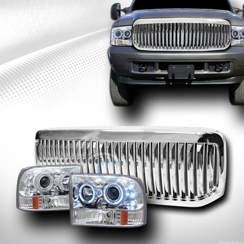CHROME HALO LED PROJECTOR HEAD LIGHTS W/GRILL GRILLE VT 1999-2004 F250/EXCURSION