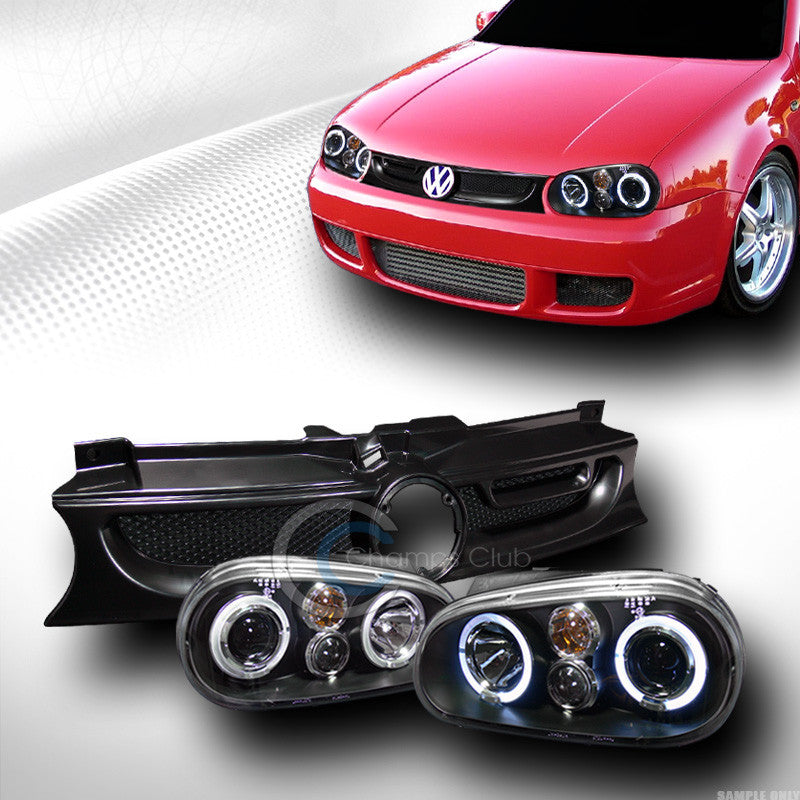 BLACK HALO PROJECTOR HEAD LIGHTS+MESH HOOD GRILL GRILLE A 1999-2005 VW GOLF MK4