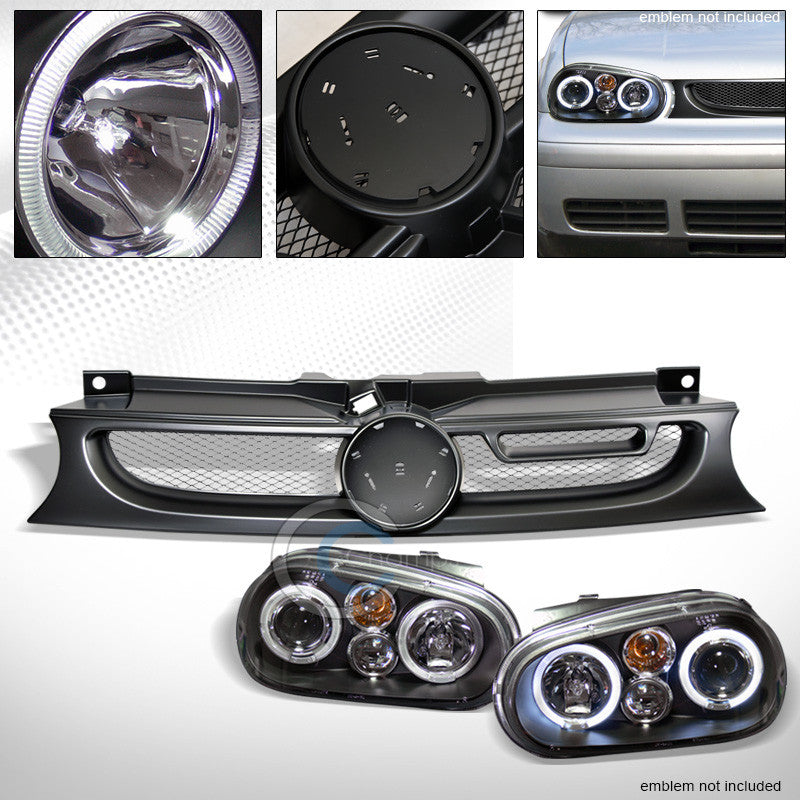 BLK HALO RIM PROJECTOR HEAD LIGHTS+MATTE ALUMINUM MESH GRILLE 1999-2006 GOLF MK4