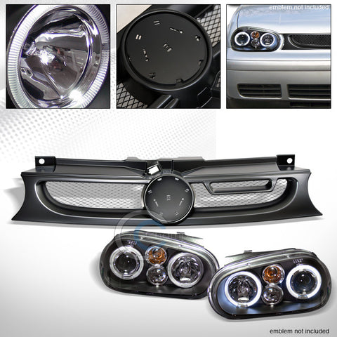 BLK HALO RIM PROJECTOR HEAD LIGHTS+MATTE ALUMINUM MESH GRILLE 1999-2006 GOLF MK4