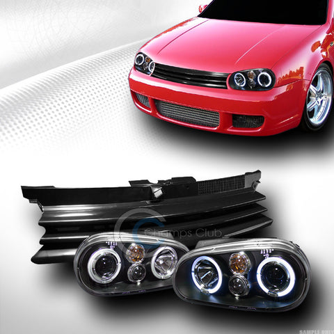 BLACK HALO PROJECTOR HEAD LIGHTS W/HORIZONTAL GRILL GRILLE 1999-2005 VW GOLF MK4